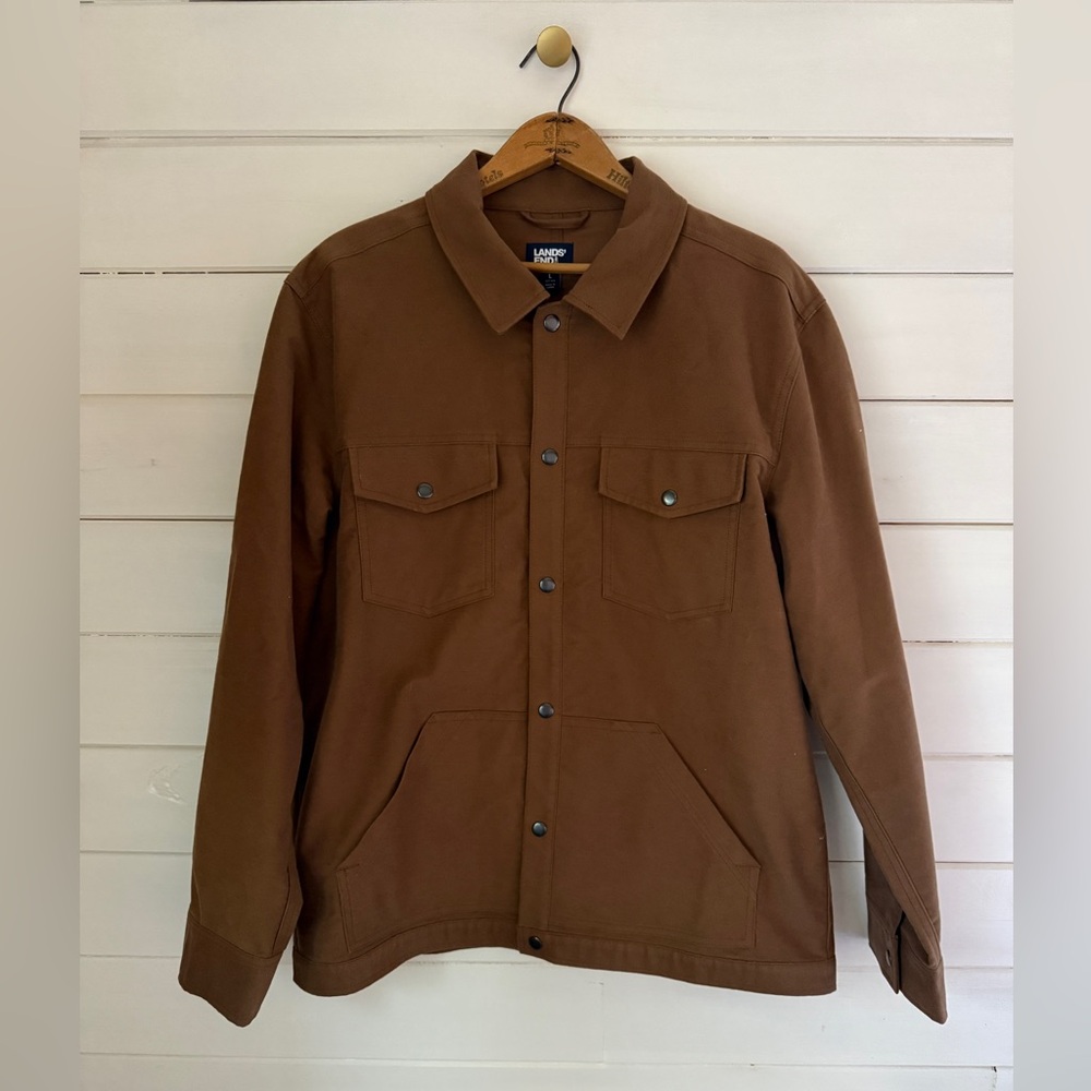 Land's End Men's LARGE Long Sleeve Shirt Jacket Shacket Cotton Brown Snap Front